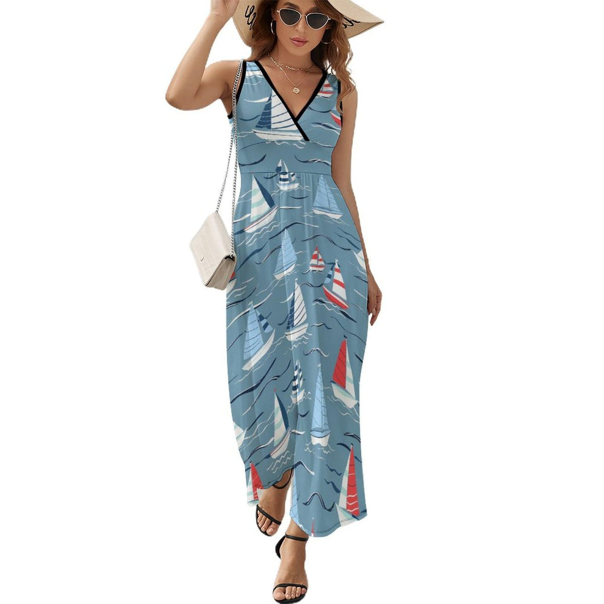 Robe longue sans manches imprimée bateaux de mer pour femme, col en V, style débardeur
