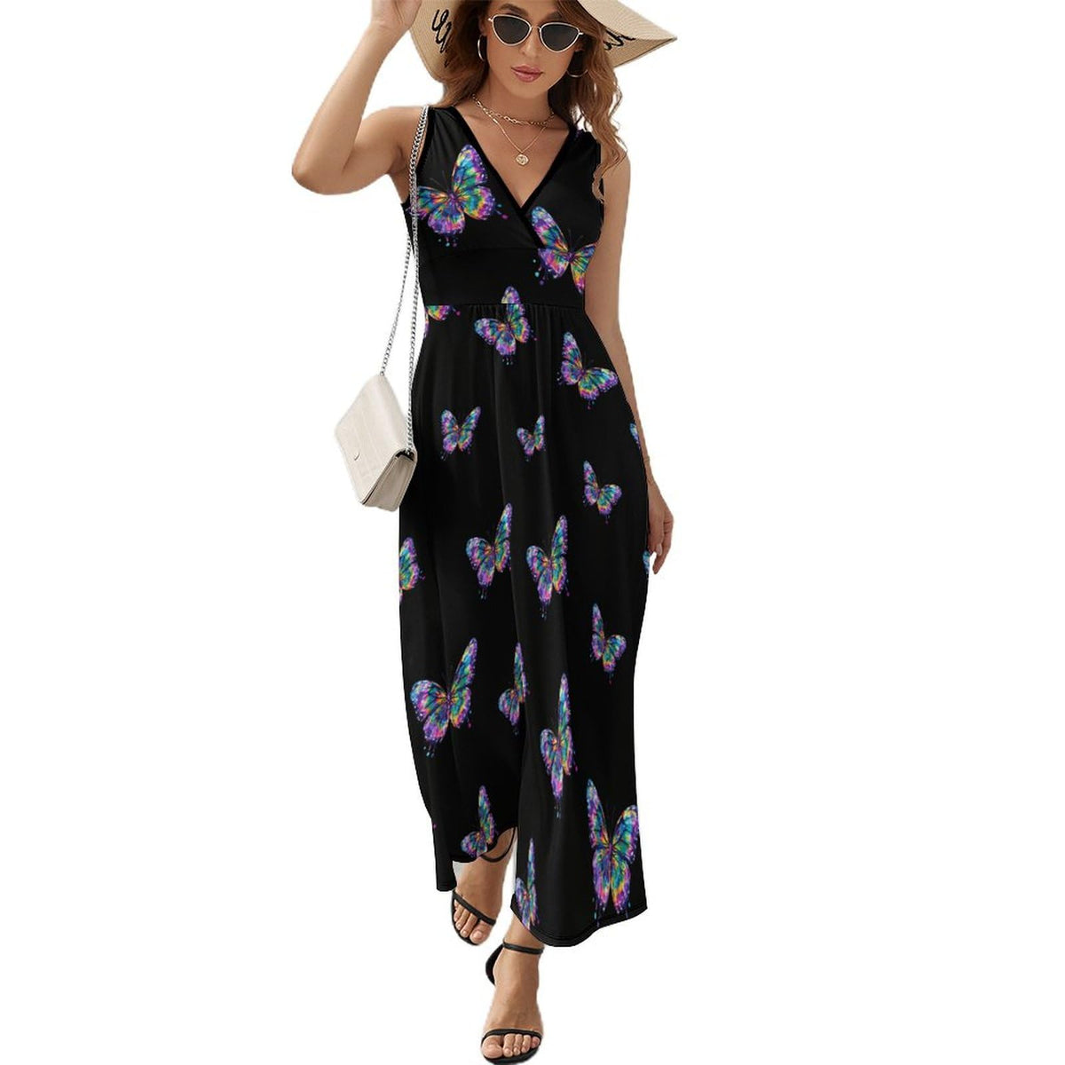 Robe longue sans manches à imprimé papillon tie-dye pour femme, col en V, style débardeur