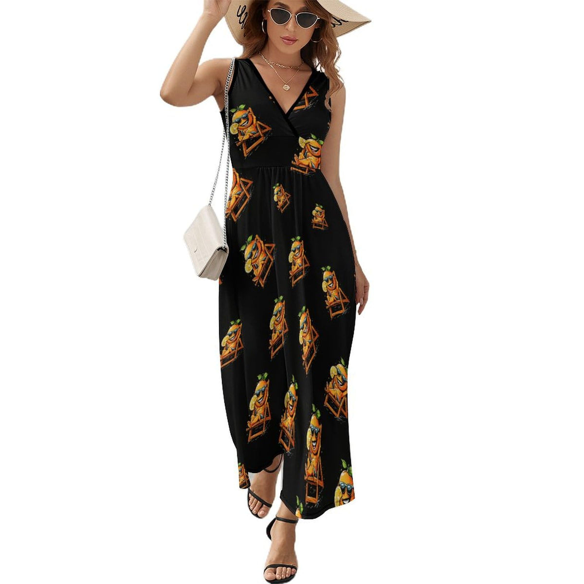 Robe longue sans manches imprimée Orange Beach Time pour femme, col en V, style débardeur
