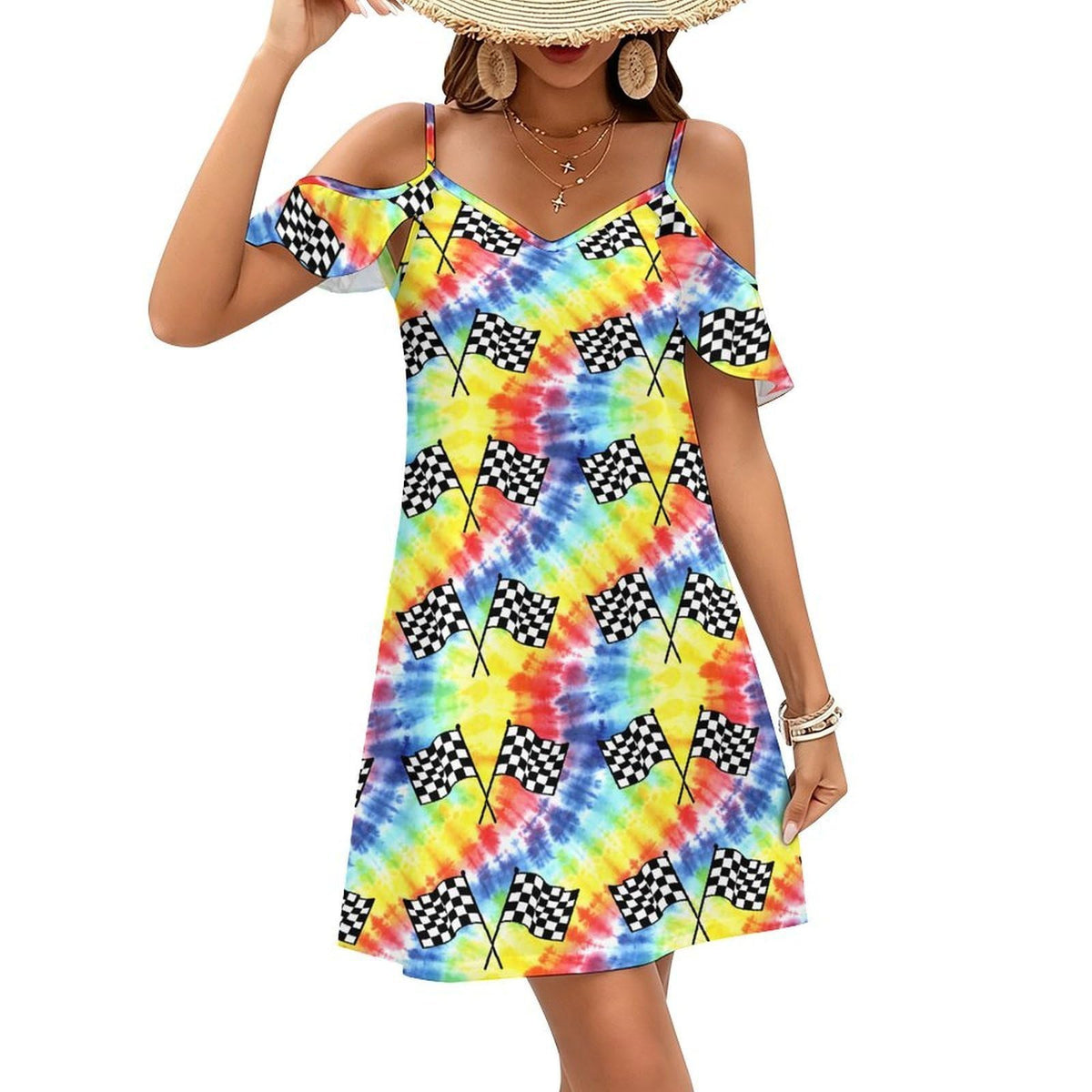 Robe courte d'été décontractée à épaules dénudées et manches à volants, imprimé tie-dye, motif drapeau de course