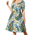Robe d'été à manches courtes et col en V pour femme, style bohème chic, ornée d'un motif paon.