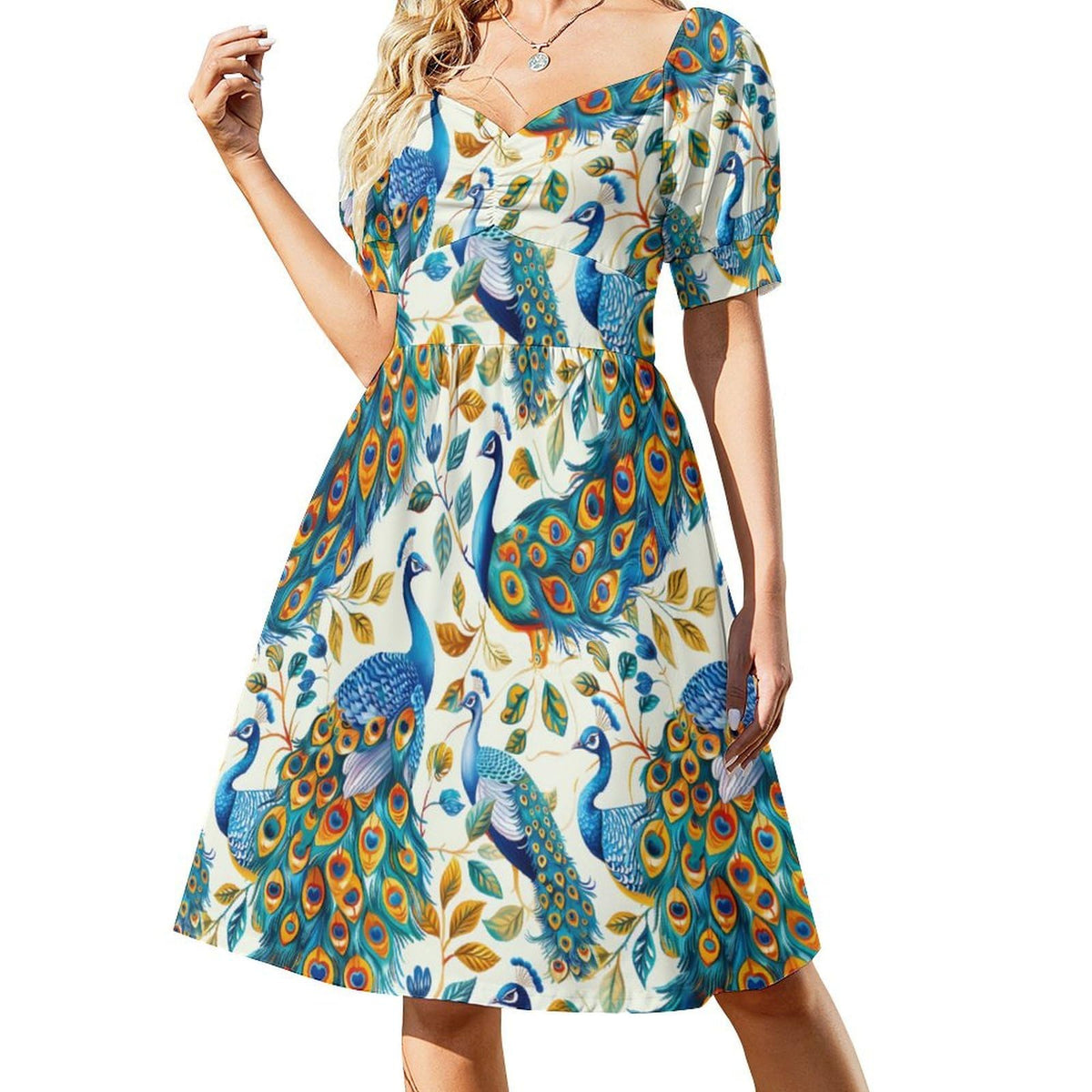 Robe d'été à manches courtes et col en V pour femme, style bohème chic, ornée d'un motif paon.