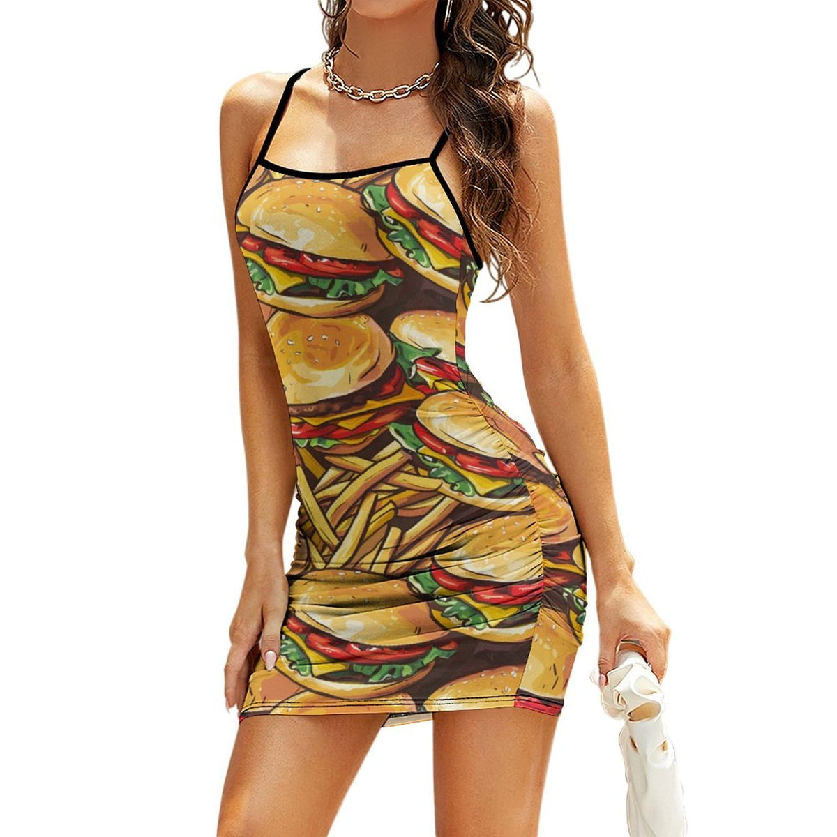 Robe d'été moulante à bretelles spaghetti dos nu, motif hamburgers et frites
